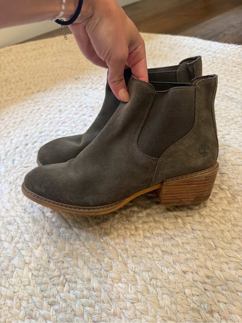 Timberland Army Green Suede Chelsea Booties with Stacked Heel